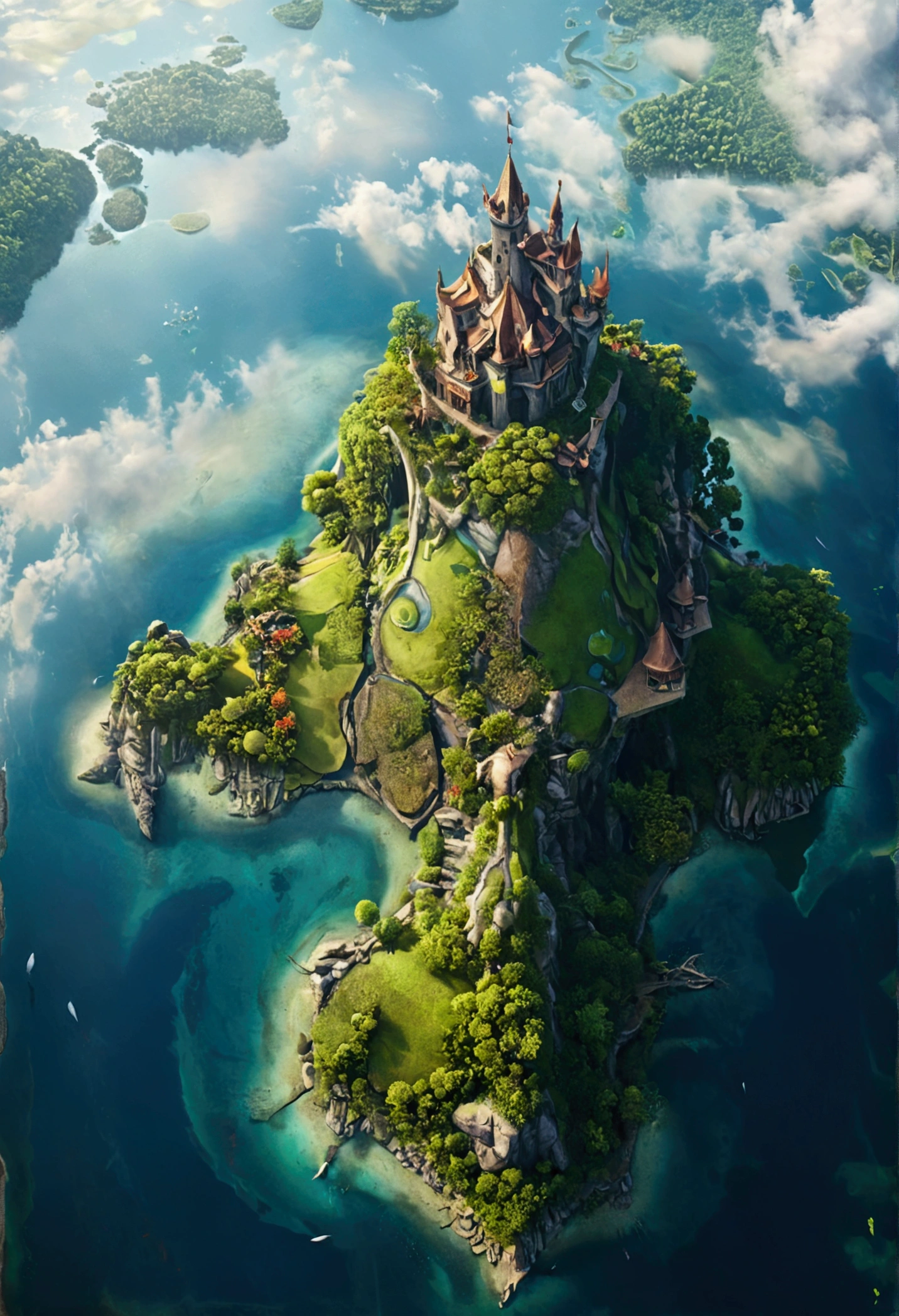 Giant Island, island inside a lake, the lake have a island, kingdom,view from above, detailed, high quality