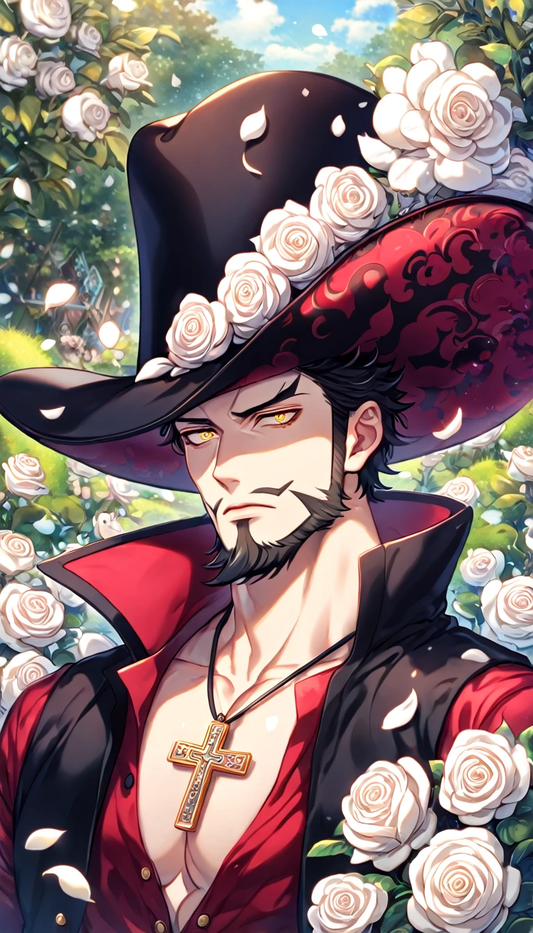 Ultra detailed, Highres, absurdres, HDR, master piece, best quality, Dracule Mihawk, black hair, expressive yellow eyes, beard, black coat with red sleeves, One Piece, sexy man, white petals, white roses, garden, handsome, sensual, crucifix pendant, wide-brimmed black hat, close up, fantasy, magical,