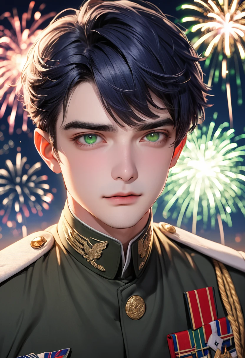 1 male Short dark blue hair and eyebrows Bangs that expose the left forehead Deep green eyes White military uniform firework