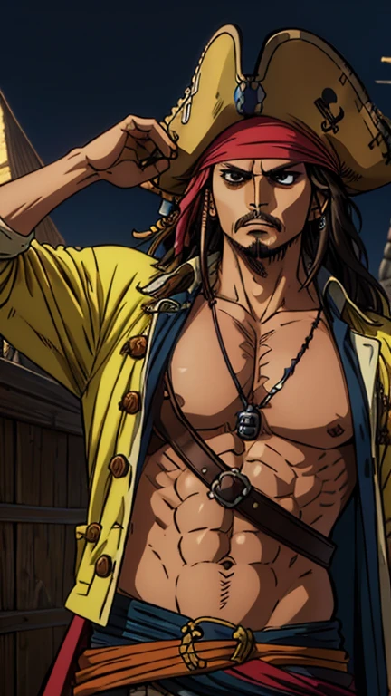 (jack sparrow), (extremely detailed CG unit 8k wallpaper),(master part), (best quality), (ultra detail), (best illustration),(One Piece Style), cowboy shot, (Sharp eyeliner, ombre, detailed eyes:1),
pirates of the caribbean background, break , upper body