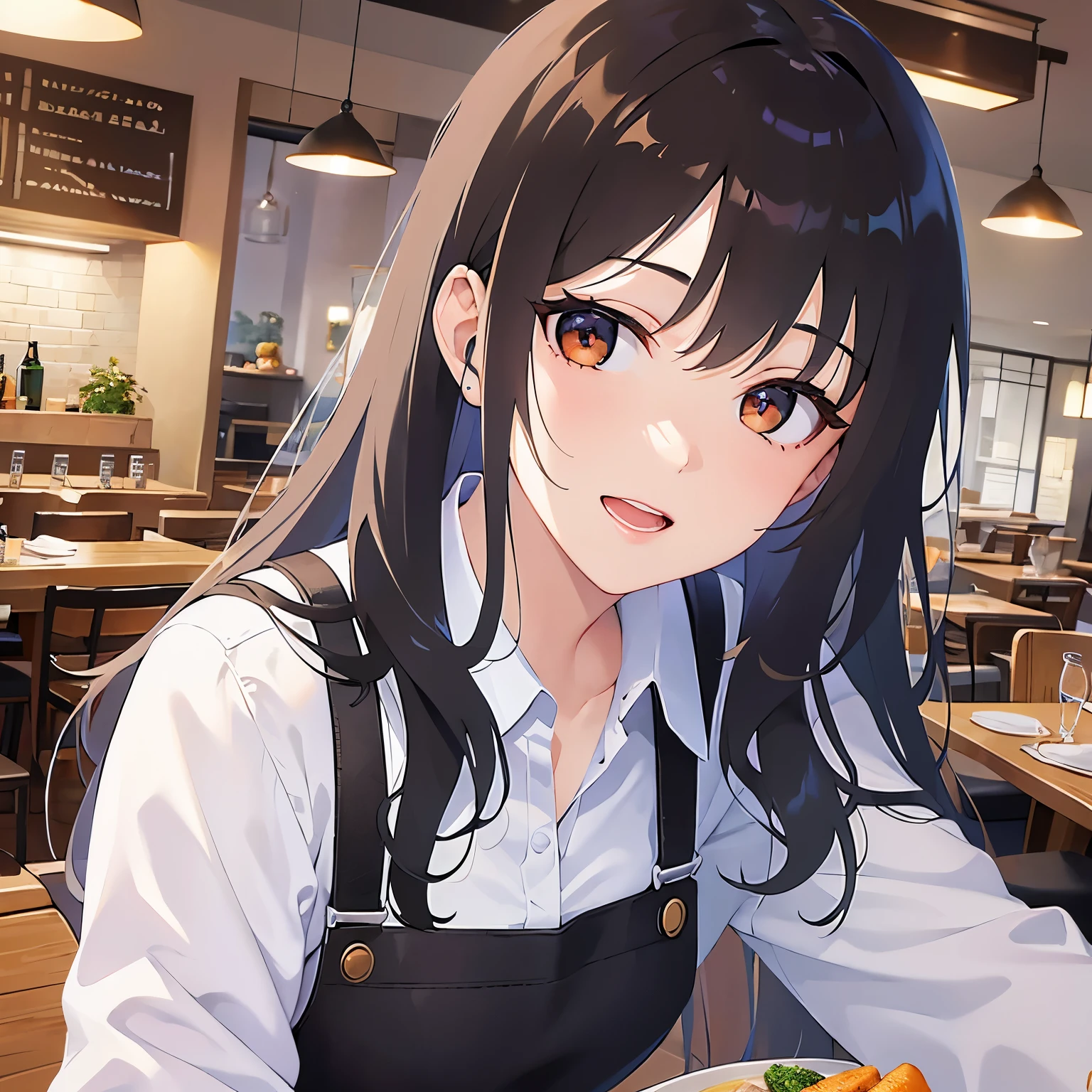(looking at viewer:1.5),Upper Body,
Realistic, real person, (pale skin: 1.2), RAW photo, photorealistic, shiny skin, shiny hair、
(A 25-year-old woman with medium-length hair and bangs) and (wavy hair) and (brown hair) and (orange eyes) 、
smile,open mouth, Wearing a white long-sleeved shirt 、apron、The background is inside the restaurant