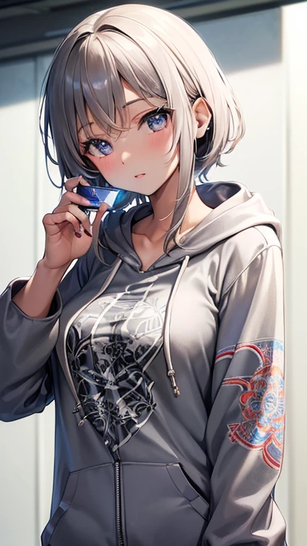 beautiful face, best quality, ultra high resnatural light, shiny skin, detailed skin, detailed face, detailed eyes, beautiful japanese girl, ((Wearing a printed T-shirt and a gray zip-up hoodie over it)), Bluetooth earphones, (holding a smartphone in her right hand)