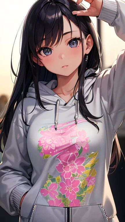 beautiful face, best quality, ultra high resnatural light, shiny skin, detailed skin, detailed face, detailed eyes, beautiful japanese girl, ((Wearing a printed T-shirt and a gray zip-up hoodie over it)), Bluetooth earphones, (holding a smartphone in her right hand)