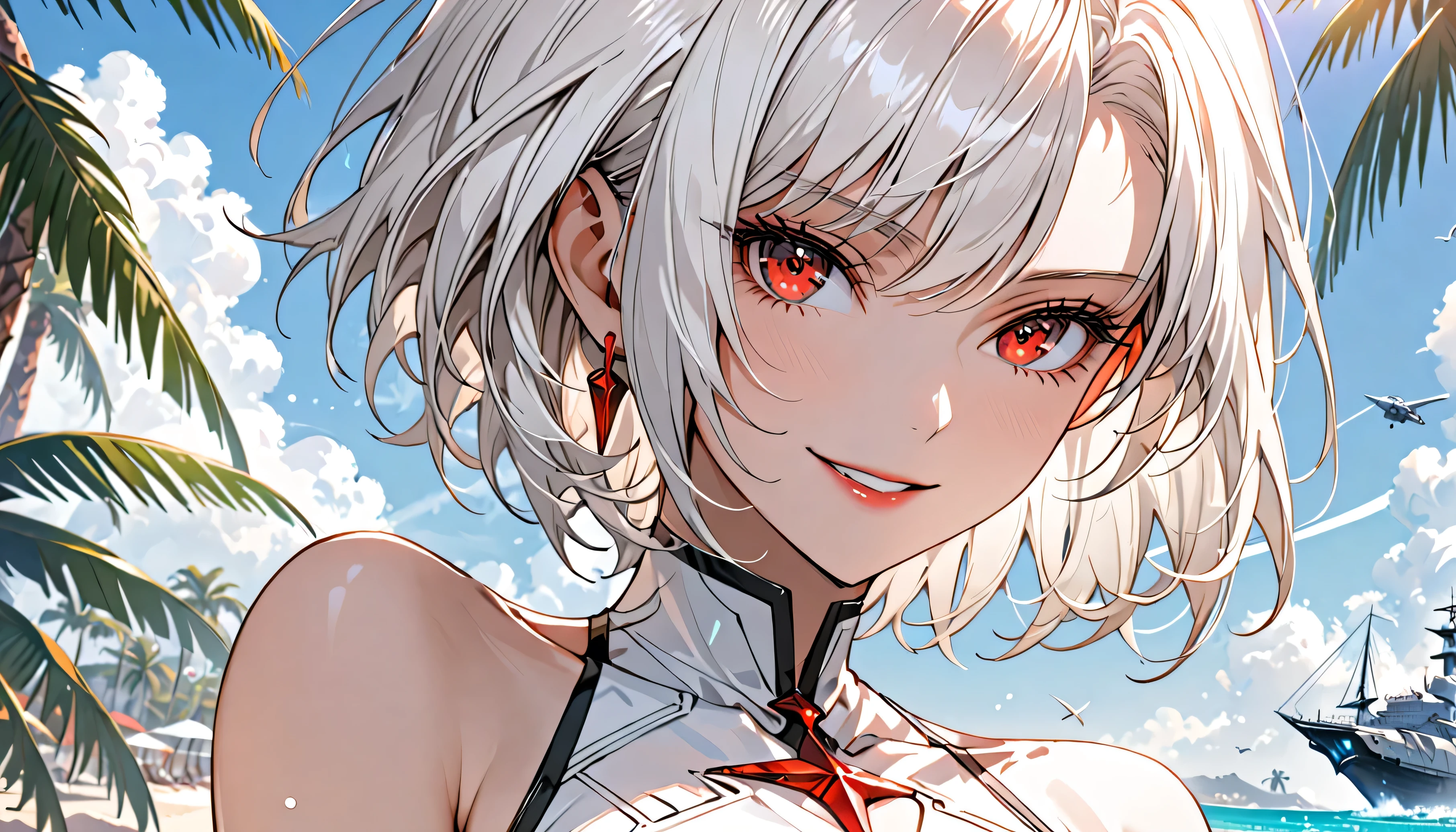 Female Solo, Short white hair, Red eyes, Large Breasts, Female President and CEO, Futuristic, Simple elegance, Elegant clothes, Beach, Simple swimsuit, sunny, A small smile, Palm tree, jewelry, Broad shoulders, Close-up fit, airship