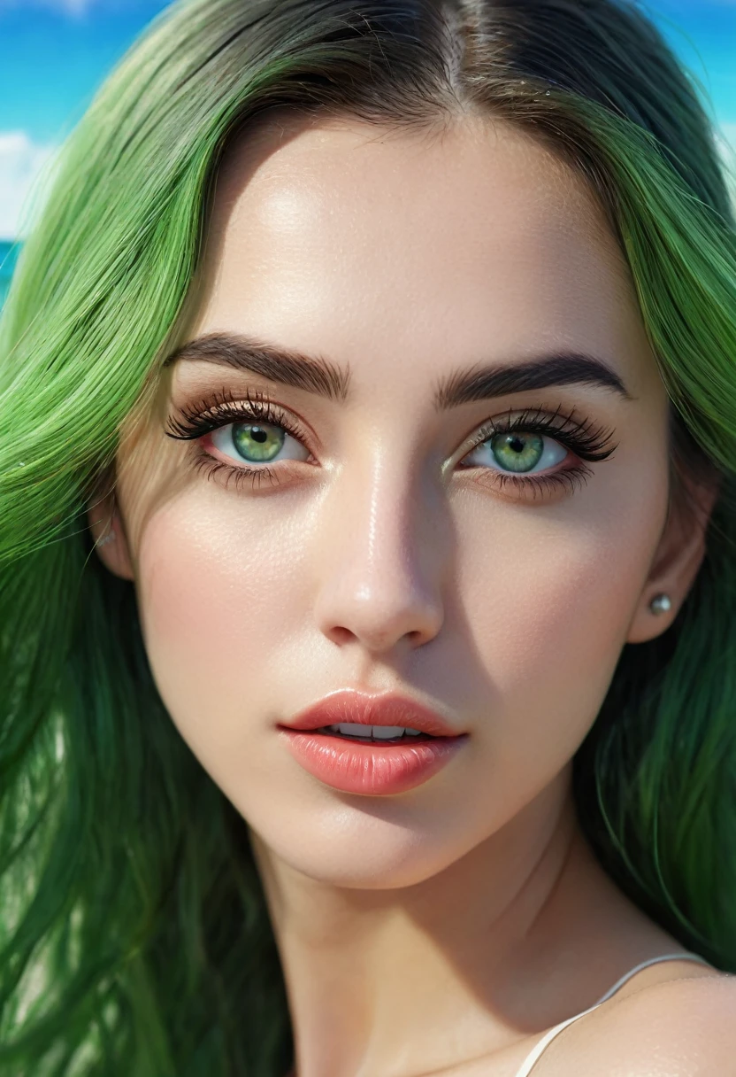 (best quality, 4k, 8k, high resolution, masterpiece: 1.2), ultra-detailed, (realistic, photorealistic, photorealistic: 1.37), beautiful detailed eyes, beautiful detailed lips, extremely detailed face, long eyelashes, medium : May beach, loose Green hair, green eyes shining.