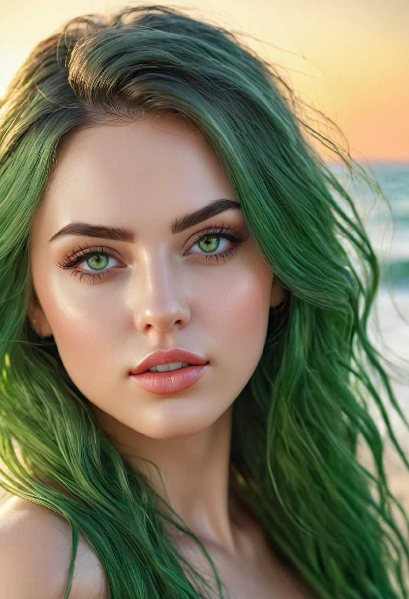 (best quality, 4k, 8k, high resolution, masterpiece: 1.2), ultra-detailed, (realistic, photorealistic, photorealistic: 1.37), beautiful detailed eyes, beautiful detailed lips, extremely detailed face, long eyelashes, medium : May beach, loose Green hair, green eyes shining.
