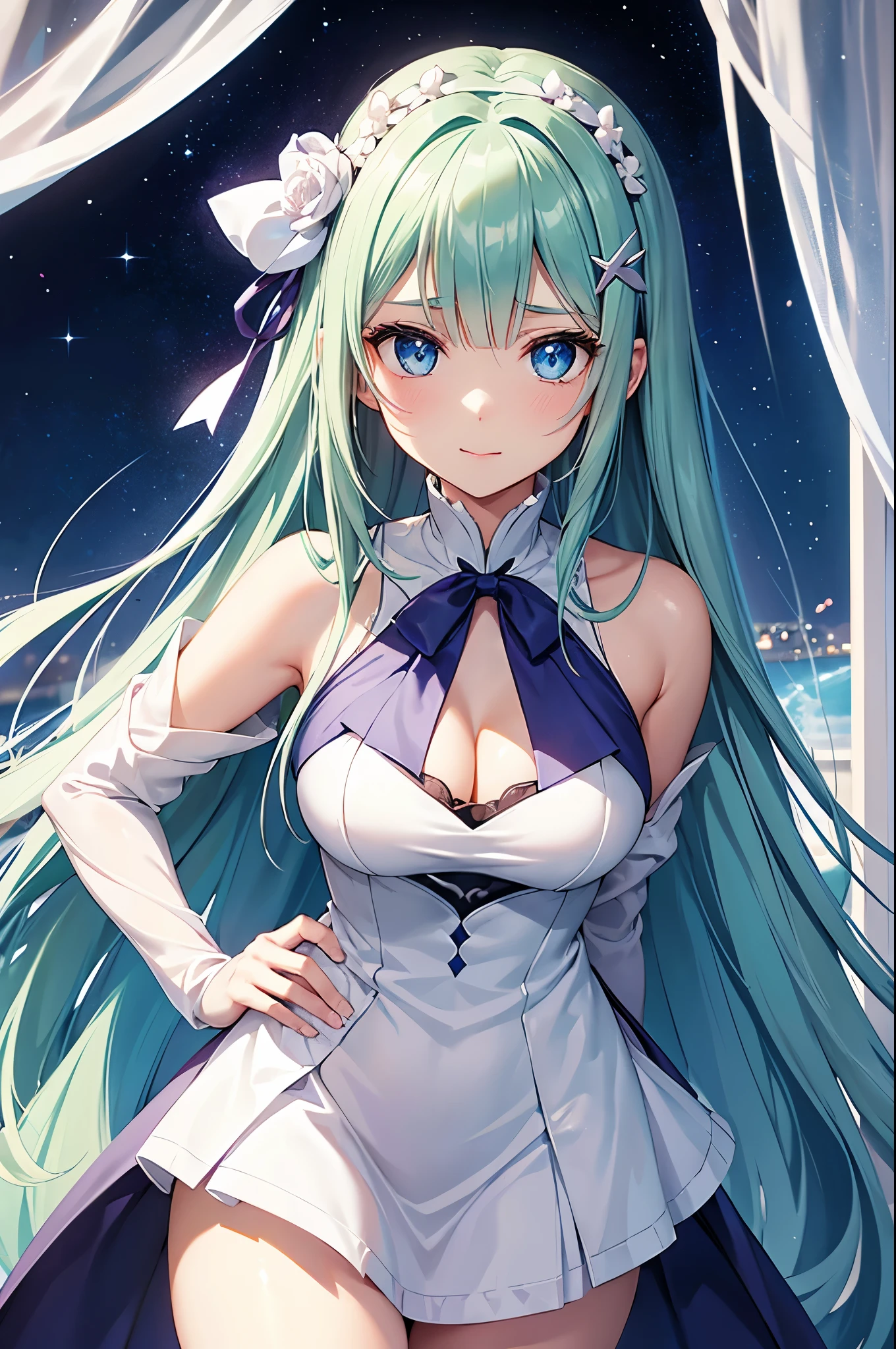 Girl
Blue eyes, dark dark green hair
Voluminous dark green hair
Straight long hair
Powerful gaze, leaning eyes, looking at you
Sparkling eyes
Dresses like Emilia from “Re:Zero kara Hajimari no Isekai Seikatsu
White armor dress
White with a purple one-pointed pattern on the side
Large white cape
Purple hairpin
Standing in a dark room
Focus on face
Fresh smile
Focus on the face
Big droopy eyes
Blue eyes
Cute expression
