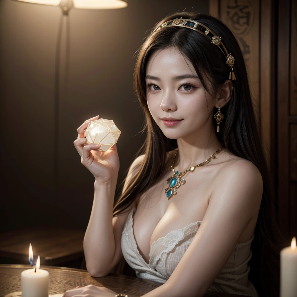 top quality, masterpiece, Hi-Nothing, 1 woman, 35 years old, Japanese, western style fortune teller costume, hair ornament, collar, jewelry, beautiful face, calm smile, upon_body, Tyndall effect, photorealistic, divination room, candles on the table, Tarot cards, edge lighting, Two tone lighting, (High definition skin:1.2), 8k uhd, DSLR, Soft lighting, high quality, volumetric lighting, Sincere, Photography, High resolution, 4k, 8k, bokeh