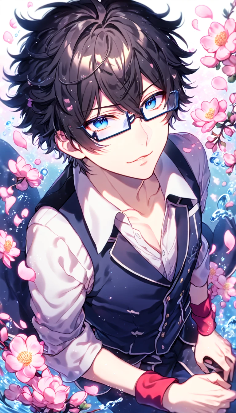absurdres, highres, ultra detailed, HDR, master piece, best quality, Fushimi Saruhiko, messy hair, black hair, expressive blue eyes, K Project, rectangular-shaped glasses, military uniform, white shirt, gray vest, long blue overcoat, rolled up sleeves, purplish red wrist bands, solo, sexy man, handsome, fantasy, shining, water, pink flowers, pink blossoms, pink butterflies, pink petals