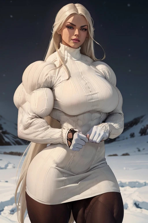 (Close-up), tall, (White hair), beautiful muscular woman, long straight hair, light brown skinned, closed smile, (black lipstick), (massive muscles), (hyper muscle), (ginormous bulky muscles), blue eyes, (((white long sleeve turtleneck sweater dress))), ((black pantyhose)), brown boots, choker, snow field
