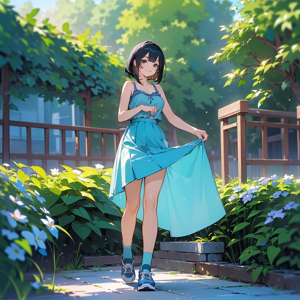 (high quality, High resolution, Very detailed, reality:1.37), Peaceful atmosphere, (Outdoor, garden), Teenage girl standing alone, (my breasts are big.), Beautiful details, Cute Smile, (Black bob hair), camisole, Blue Skirt, Blue socks, sneakers.