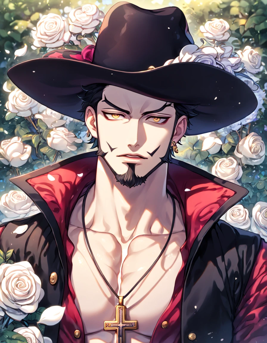 Ultra detailed, Highres, absurdres, HDR, master piece, best quality, Dracule Mihawk, black hair, expressive yellow eyes, beard, black coat with red sleeves, One Piece, sexy man, white petals, white roses, garden, handsome, sensual, crucifix pendant, wide-brimmed black hat, close up, fantasy, magical, island