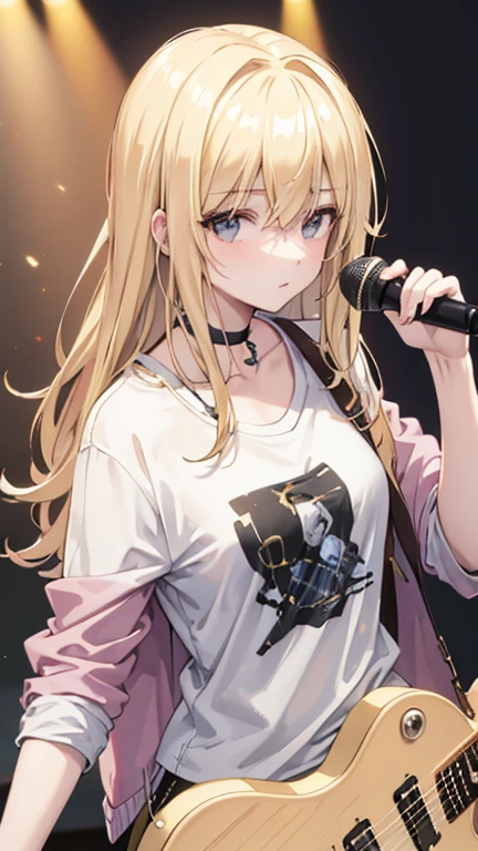 blonde hair, hair over shoulder, messy hair, masterpiece, (textured skin), best quality, gorgeous adult woman, (Rock band guitarist), T-shirt, leisure jacket, choker, (electric guitar), Fender, (at Live venue)