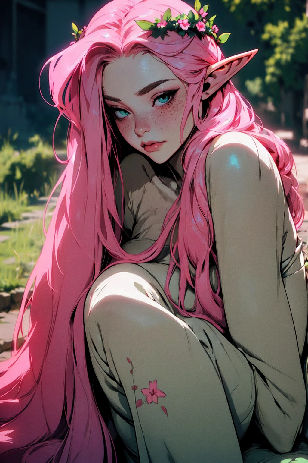 hyper-realistic of a mysterious woman with flowing pink hair, ears of elf, freckles, piercing green eyes, and a delicate floral crown, delicate smile, upper body, dinamic poses,sitting, backwards, looking back