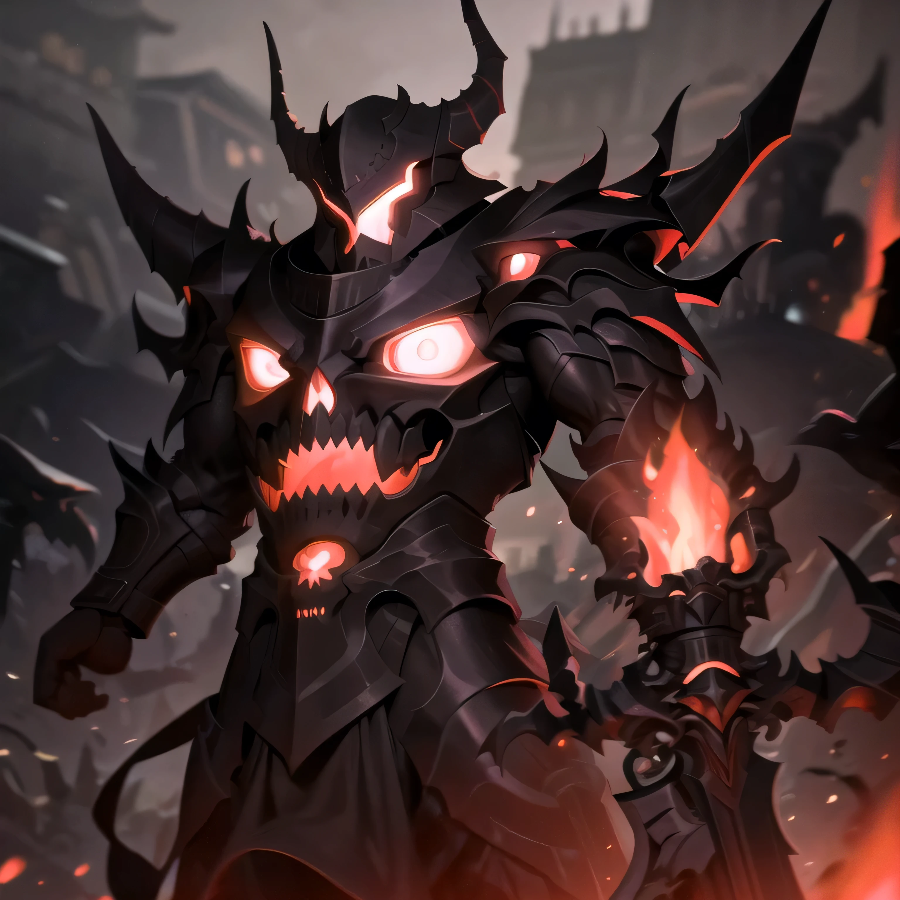 1 boy in black armor with skull-shaped armor, red glowing eyes, outdoor village scenery, morning light at 8:10 AM, detailed face, muscular body, cinematic composition, dramatic lighting, epic fantasy, muted color palette, highly detailed, 8k, photorealistic, detailed description, masterpiece