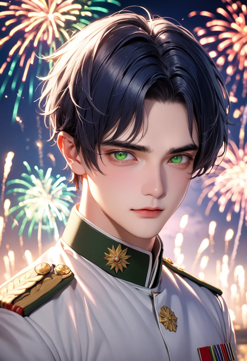 1 male　Short dark blue hair and eyebrows　Bangs that expose the left forehead　 Deep green eyes　White military uniform　firework