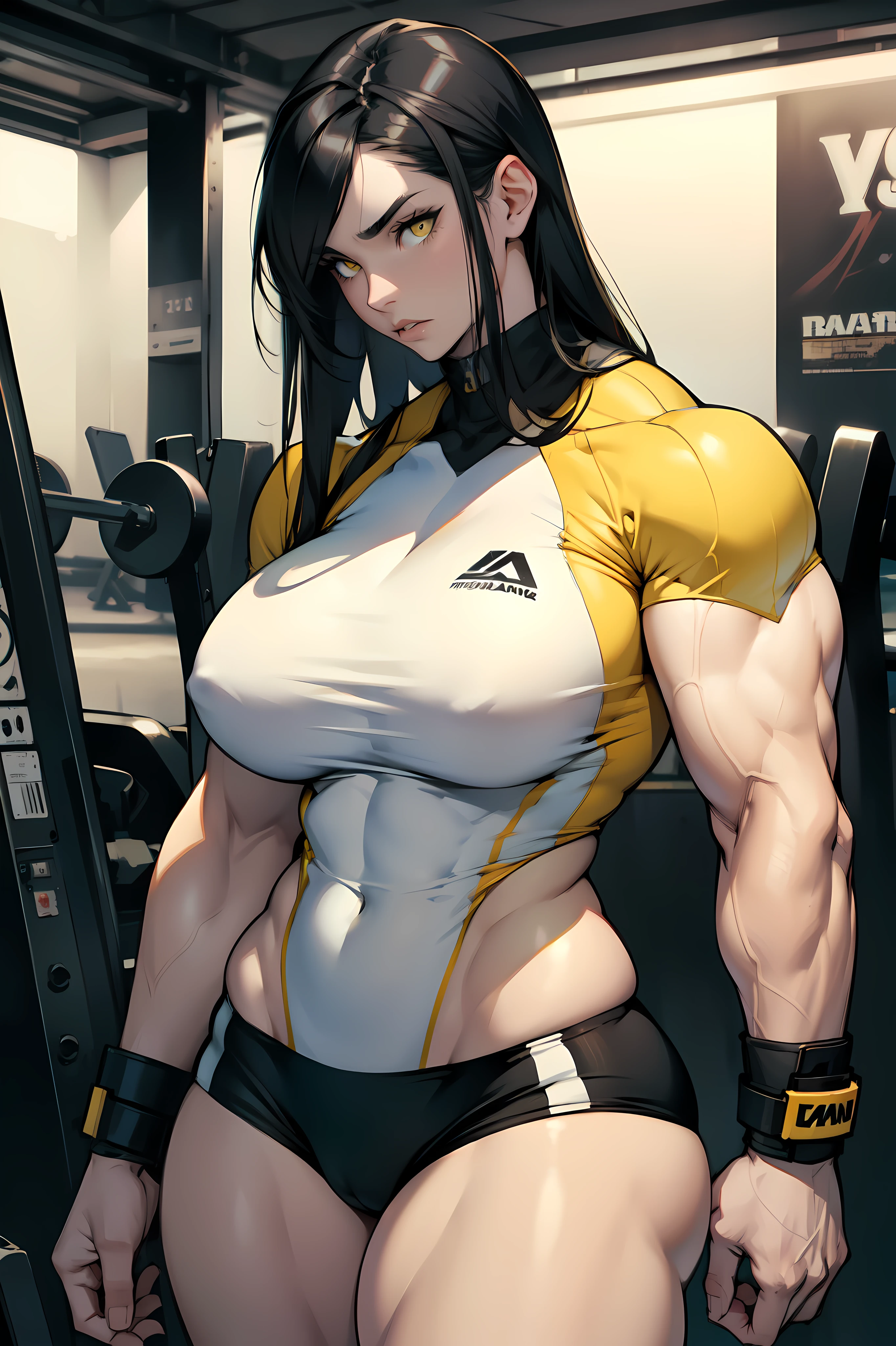 pale skin 1girl muscular toned body curvy huge breasts thick thighs wide hips black hair yellow eyes bodybuilder sad