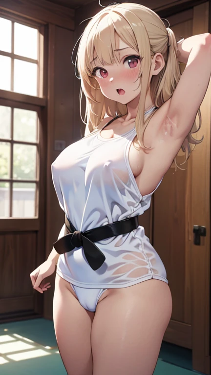 mastute piece,Best Quality,insanely detailed,8k cg,nsfw,
(shoot upper body:1.3),
(1girls:1.3),standing,looking at viewr,body in front,both arms behind back,(white-dogi:1.3),(White martial arts uniform:1.4),
BREAK,
blush,shy,(ecstasy face),(trembling:1.2),BREAK,(light blonde hair:1.3),
BREAK,
perfect breasts,perfect teats,(open mouth:0.9),(large breasts:1.2),
(dojo),dojo、
