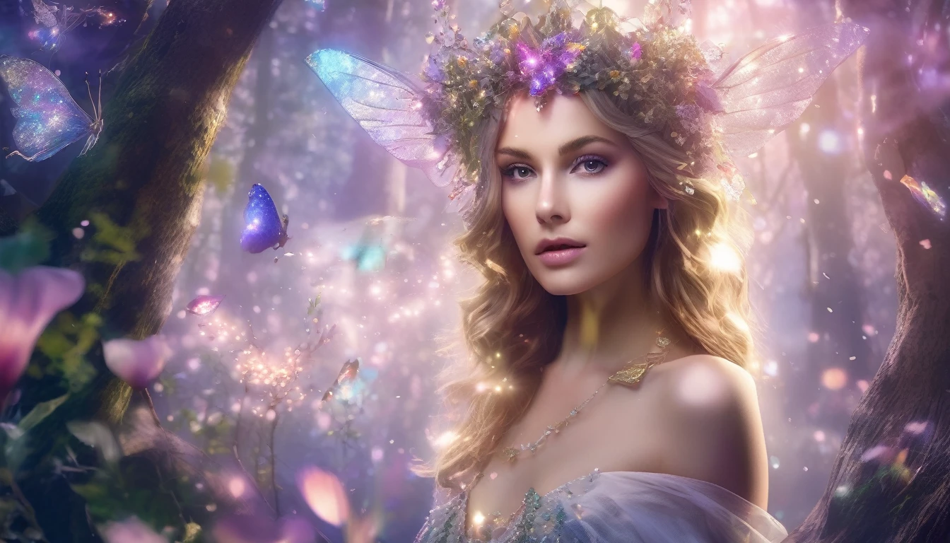 (best qualityer,4K,8k,highres,master part:1.2),ultra detali,(Realistic,photorrealistic,photo-realistic:1.37),fairy queen,Shining spells,fantasy forest,beautiful detailed eyes,Detailed lips,enchanted atmosphere,twinkling lights,fairy wings naughty,delicate floral crown,magical surroundings,Mystical creatures,ethereal beauty,Magical Glow,Wisps de magia,stylish dress,graceful movements,Nature Spirits,dappled sunlight,whispering trees,sparkling waterfalls,ethereal haze,enchanted creatures,Supernatural aura,soft pastel colors,Soft lighting and Warm,majestic castle,pixie powder,enchanted flowers and plants,sparkling crystals,dreamlike atmosphere,serene and peaceful,whimsical and charming,floating petals,soft breeze,enchanted melodies,hidden paths and secret woods,glowing mushrooms,celestial beings,fairy powder