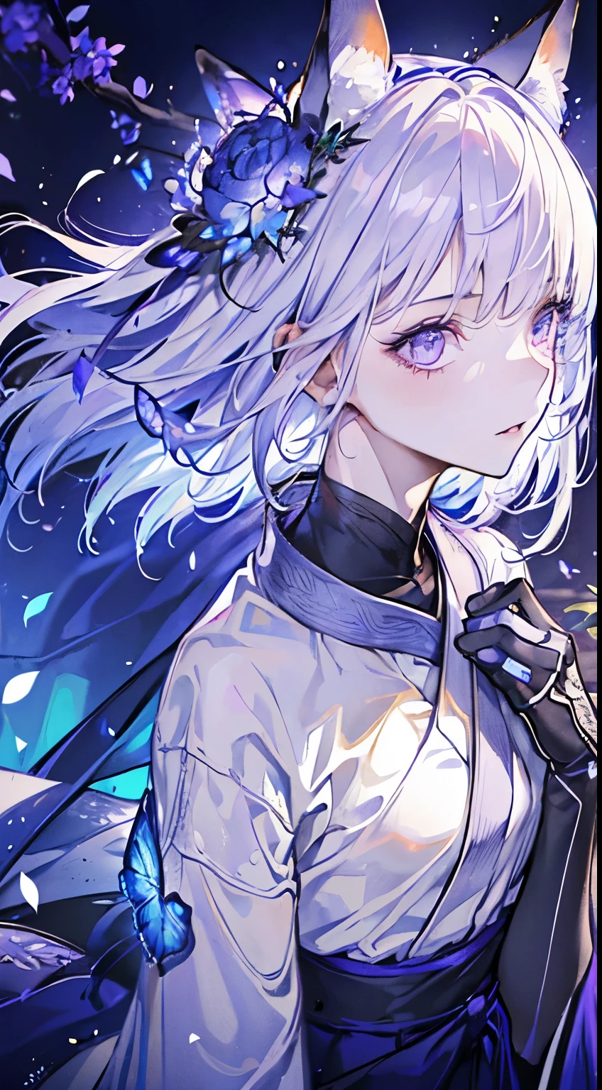 (((Very detailed, 8K quality)))(Realistic eyes, Natural skin texture, Realistic facial details),20-year-old woman,Silver Hair,Fox ears,Flower Hair Ornaments,Blue butterfly fluttering,Petals fluttering,Wearing a white top and black bottom hakama,Wearing purple gauntlets,Purple Eyes