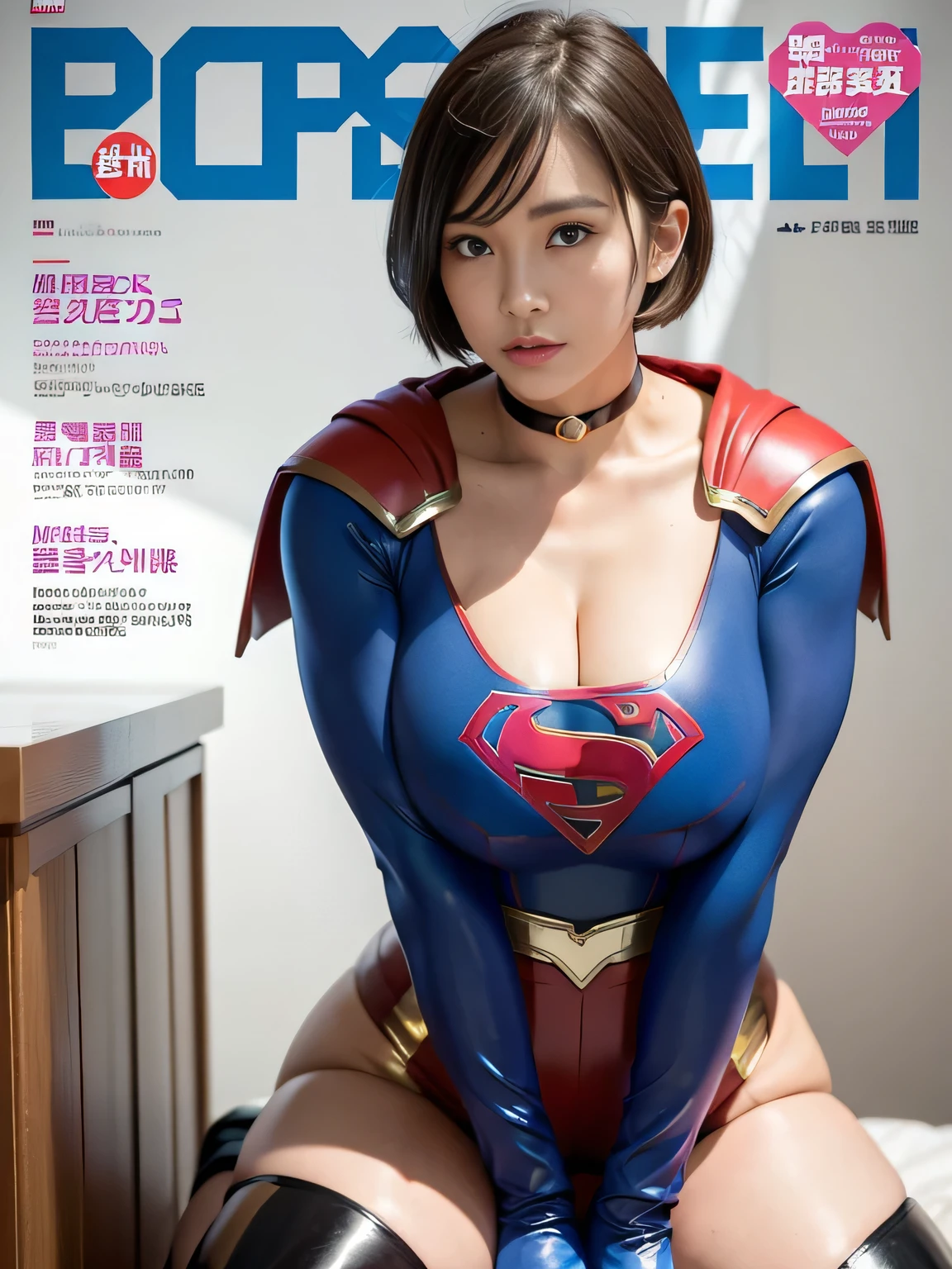 masterpiece、Rubber Supergirl Costume、short hair、Rubber Long Boots、Big and ample breasts、looking at the camera、choker、Long sleeve、Cape、mini skirt、Off the shoulder、Sweaty skin、Hospital room、Photo magazine cover、A voluptuous cleavage、Boasting beautiful legs、High leg leotard、Knee-length boots、wallpaper for pc、