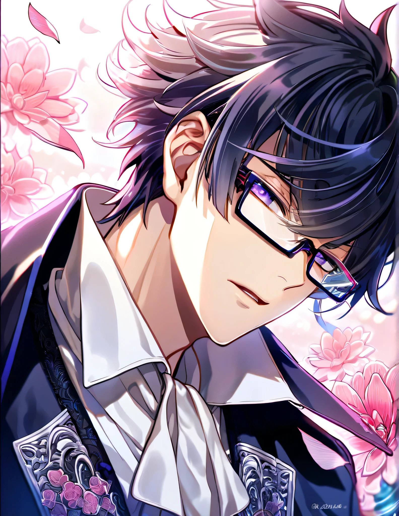 absurdres, highres, ultra detailed, HDR, master piece, best quality, Munakata Reisi, messy hair windswept, dark black blue tinted hair, expressive purple eyes, K Project, rectangular-shaped glasses, a high collared long-sleeved dark blue trench coat, underneath his intricate coat, white shirt with an upturned collar, a fancy cravat, solo, sexy man, handsome, fantasy, shining, water, pink flowers, pink blossoms, pink butterflies, pink petals