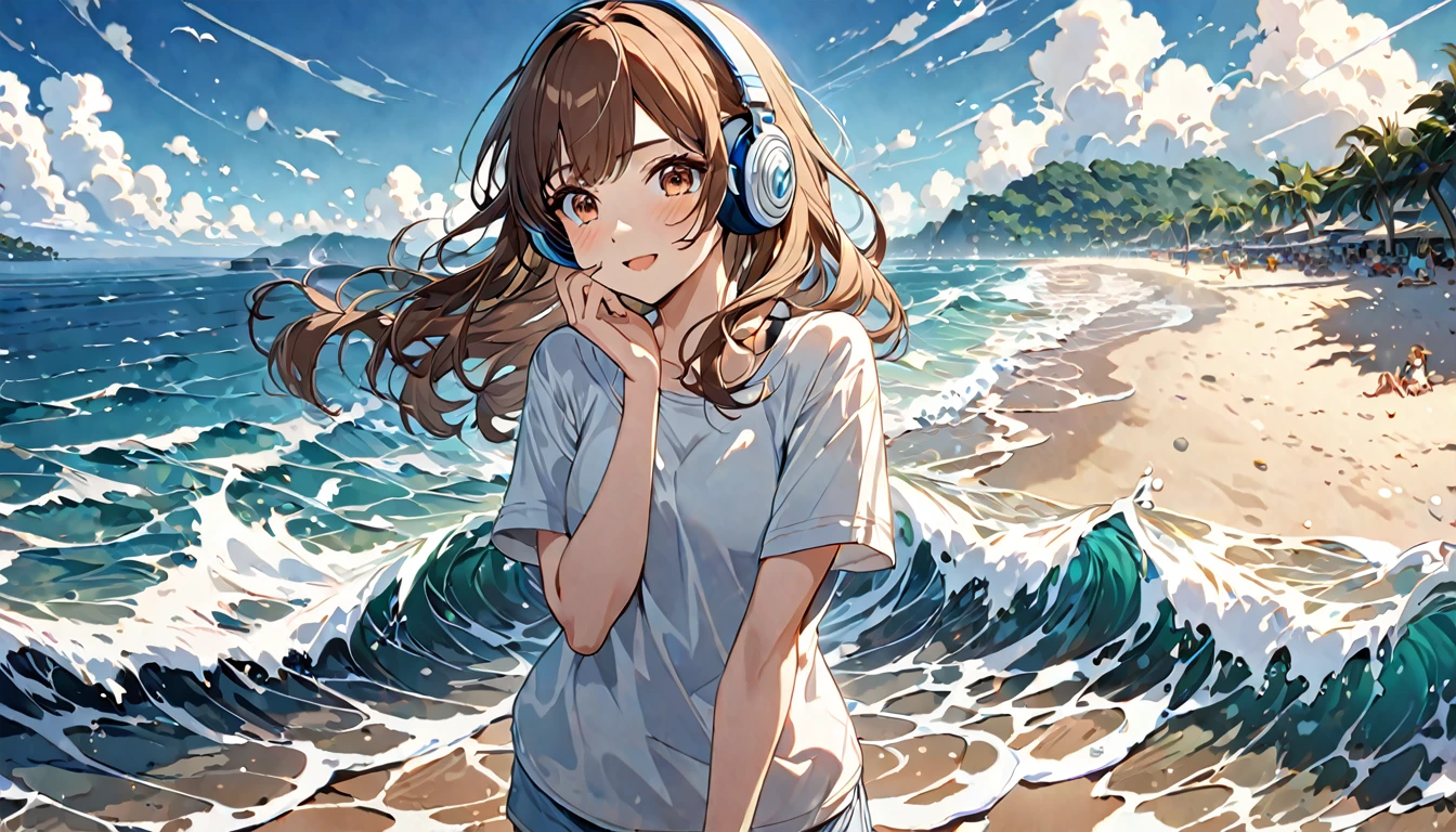 Brown-haired girl wearing headphones、Whisper of the Waves - Highly detailed、masterpiece, Highest quality, Bright - with a calm sea in the background、Relaxed facial expression、Casual clothing、Watching the waves on the beach
(Detailed fingers), (Emotional), (Breathtakingly beautiful), (main part:1.2 Whole body), (Anime Style), (Very detailed), (超High resolution, High resolution), (8k), (Complex and beautiful: 1.2)