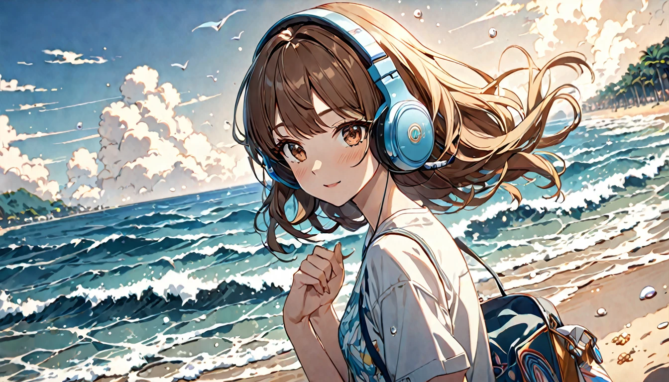 Brown-haired girl wearing headphones、Whisper of the Waves - Highly detailed、masterpiece, Highest quality, Bright - with a calm sea in the background、Relaxed facial expression、Casual clothing、Watching the waves on the beach
(Detailed fingers), (Emotional), (Breathtakingly beautiful), (main part:1.2 Whole body), (Anime Style), (Very detailed), (超High resolution, High resolution), (8k), (Complex and beautiful: 1.2)