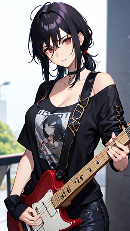 black hair, hair over shoulder, messy hair, masterpiece, (textured skin), best quality, gorgeous adult woman, Rock band guitarist, T-shirt, leisure jacket, choker, electric guitar, Fender, at Live venue