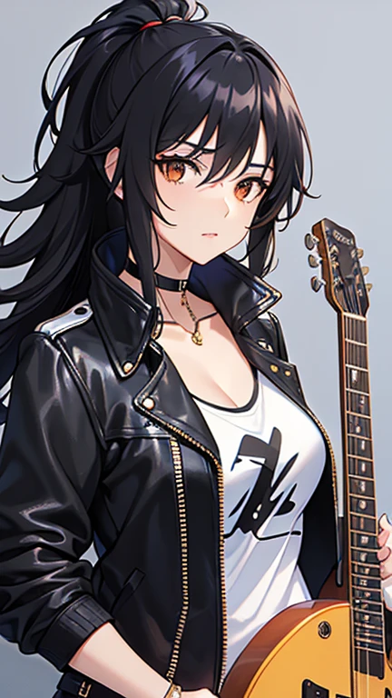 black hair, hair over shoulder, messy hair, masterpiece, (textured skin), best quality, gorgeous adult woman, Rock band guitarist, T-shirt, leisure jacket, choker, electric guitar, Fender, at Live venue