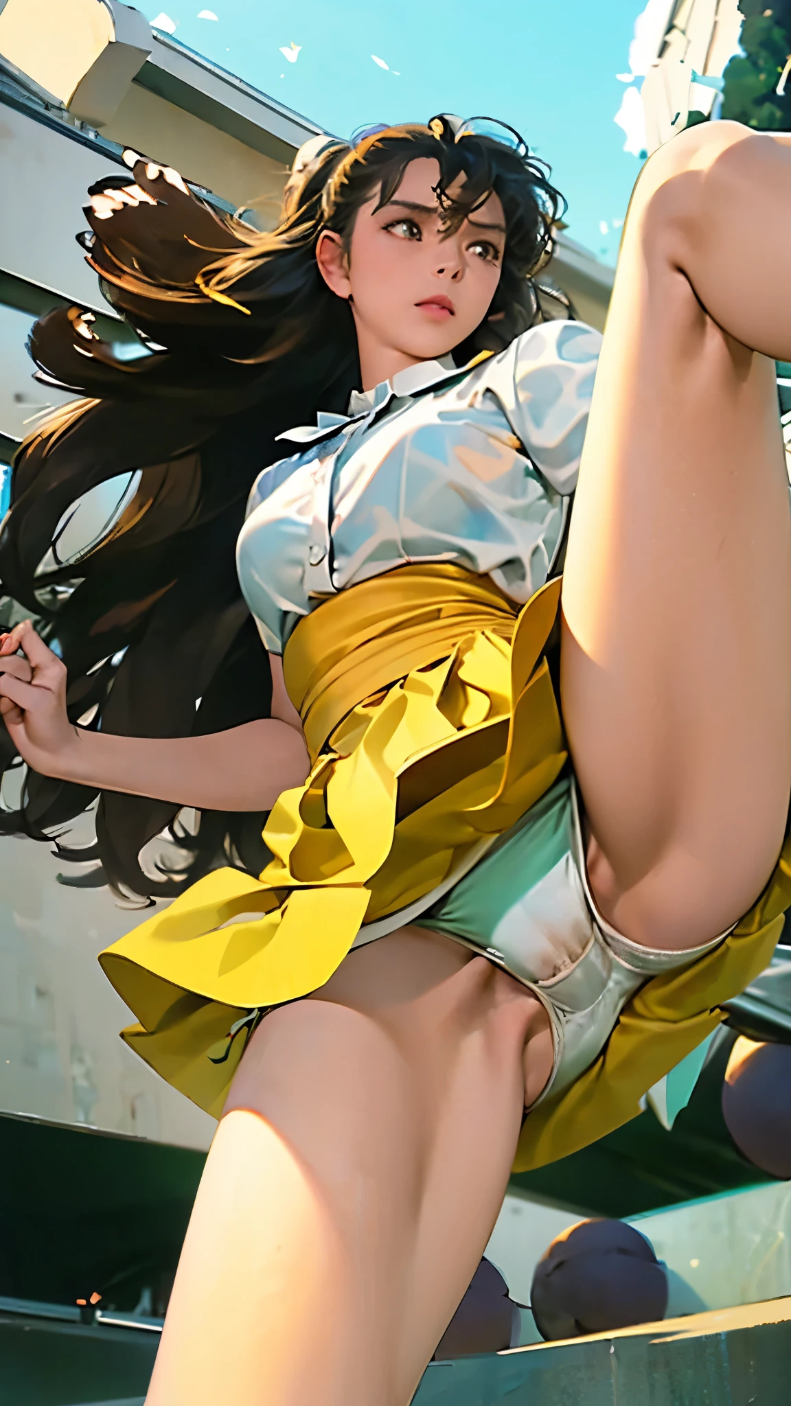 (RAW Photos:1.2, Realistic:1.3), masterpiece:1.4, Highest quality:1.3, Best details:1.3, beautifully、aesthetic, Very detailed CG ユニティ 8k 壁紙,( Vibrant colors:1.1), High resolution,break ((From below:1.3, Looking down:1.3, A powerful low angle shot from the ground_level:1.3)),( Intense crotch close-up:1.3, Scale to fit dimensions:1.3),(( Sharp focus:1.1, Crotch focus:1.0)),(( Perfect Anatomy:1.3)),(( Five fingers, perfect in every detail:1.3)), break (One girl),( skirt flipped up in the Wind:1.3),((surprised posture:1.1, View your viewers:1.3)),( Exposed Sexy_white_panties:1.3, Camel Toe:1.2), break (Seraphim:1.1),( knees_length_skirt),super detailed beautiful white skin, Slender body:1.2, Small hips, beautifully細い脚:1.3, break Most detailed Beautiful Face and eyes:1.2,(surprised:1.0),( cute:1.3, So adorable:1.1),( Beautiful Face:1.2, Perfect Face, Attractive face:1.2),( shiny brunette hair blowing in the Wind:1.3, Glossy Lips:1.0), break (Perfect lighting:1.3,Very detailed, Most detailed,Depth of written boundary), 街の階段の美しいWind景:1.1, sunny, Golden Hour, Wind:1.2, null:1.0, Dark Theme