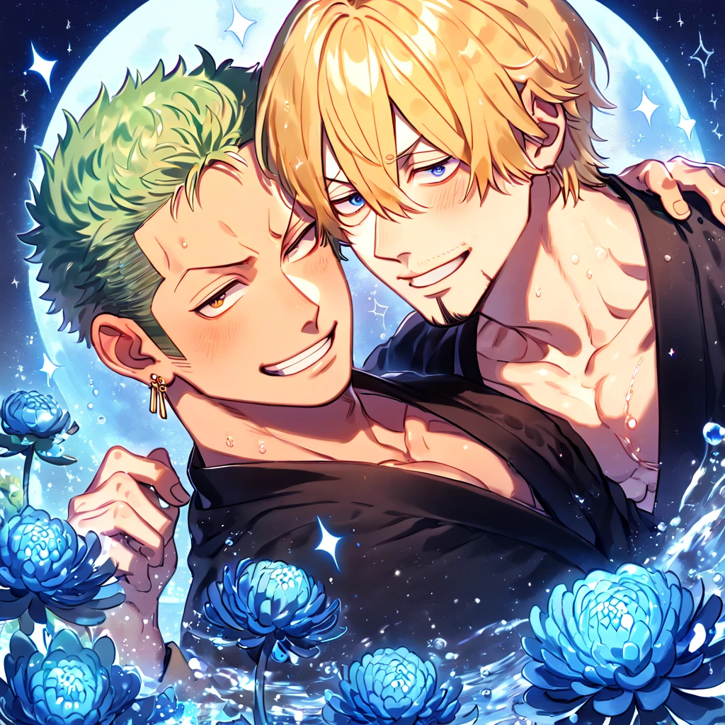 absurdres, highres, ultra detailed, HDR, master piece, best quality, Roronoa Zoro, green hair, expressive green eyes, One Piece, Sanji, blonde hair, hair over the right eye, expressive blue eyes, two sexy men together, gay couple, yaoi, handsome, toned chest, black kimono, black coat, magical, fantasy, shining, water, pink flowers, blossoms, pink butterflies, pink petals