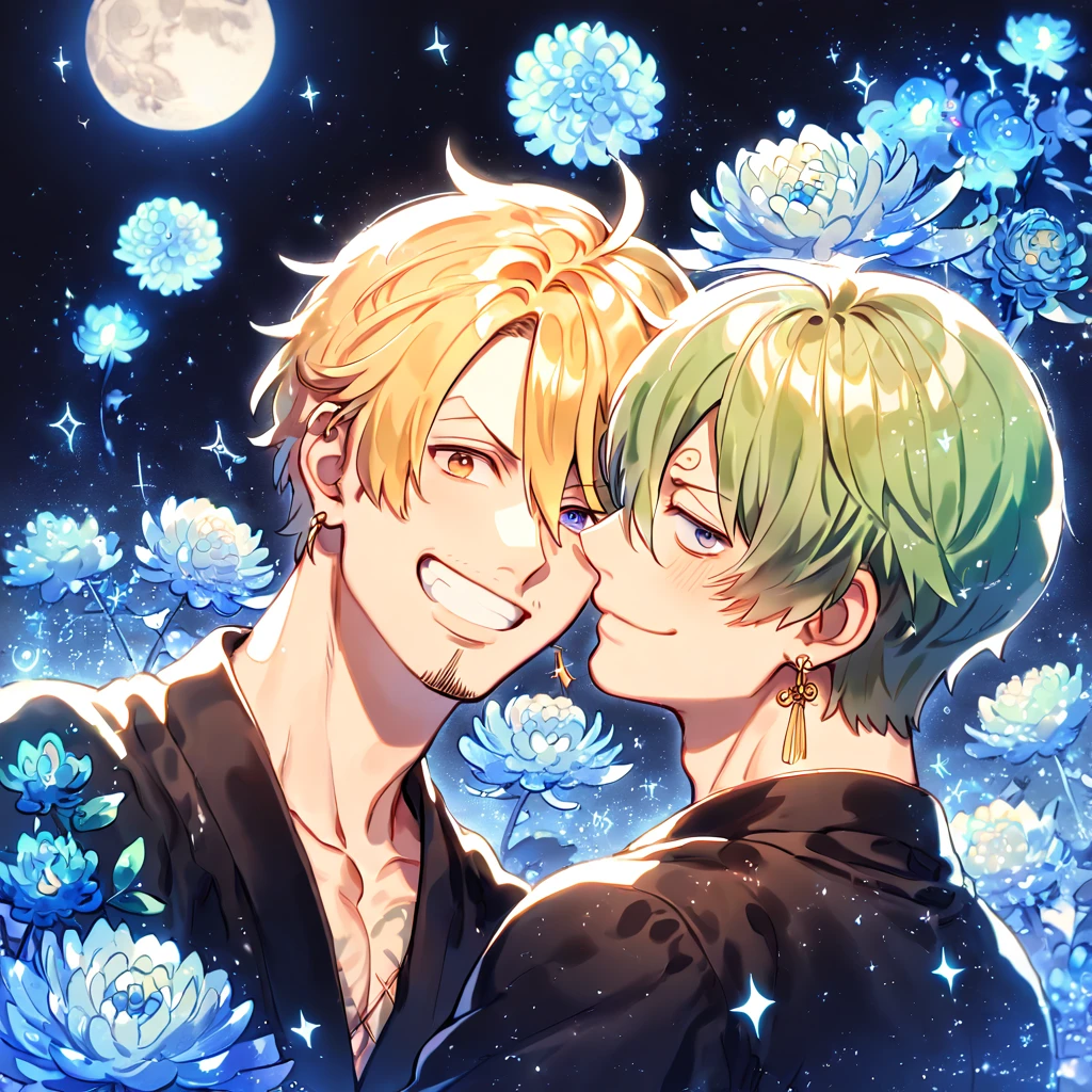 absurdres, highres, ultra detailed, HDR, master piece, best quality, extremely detailed, Roronoa Zoro, green hair, expressive brown eyes, One Piece, Sanji, blonde hair, expressive blue eyes, two sexy men together, yaoi, gay couple, handsome, handsome smile, black suit, black kimono, water, sparkling, blue glittering fireflies, blue moon, blue blossoms, blue chrysanthemums, blue sparkling lights, starry sky