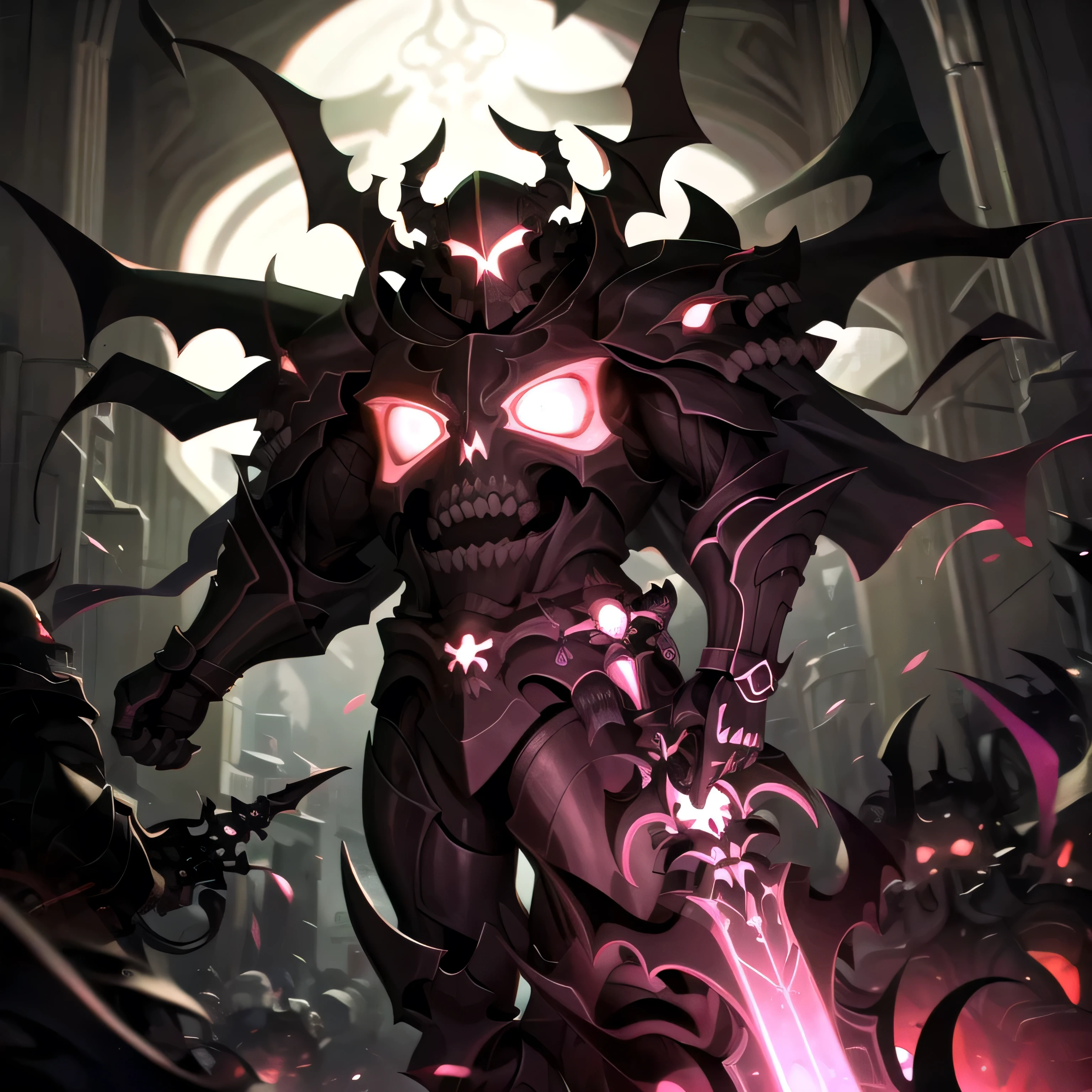 1boy, black armor, skull armor, black cape, red glowing eyes, holding sword, city