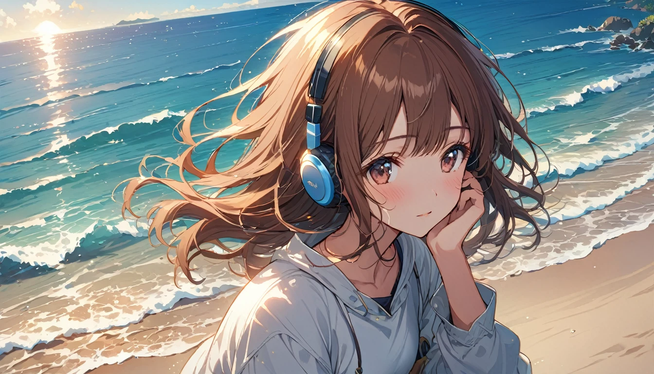 Brown-haired girl wearing headphones、Whisper of the Waves - Highly detailed、masterpiece, Highest quality, Bright - with a calm sea in the background、Relaxed facial expression、Casual clothing、Watching the waves on the beach
(Detailed fingers), (Emotional), (Breathtakingly beautiful), (main part:1.2 Whole body), (Anime Style), (Very detailed), (超High resolution, High resolution), (8k), (Complex and beautiful: 1.2)