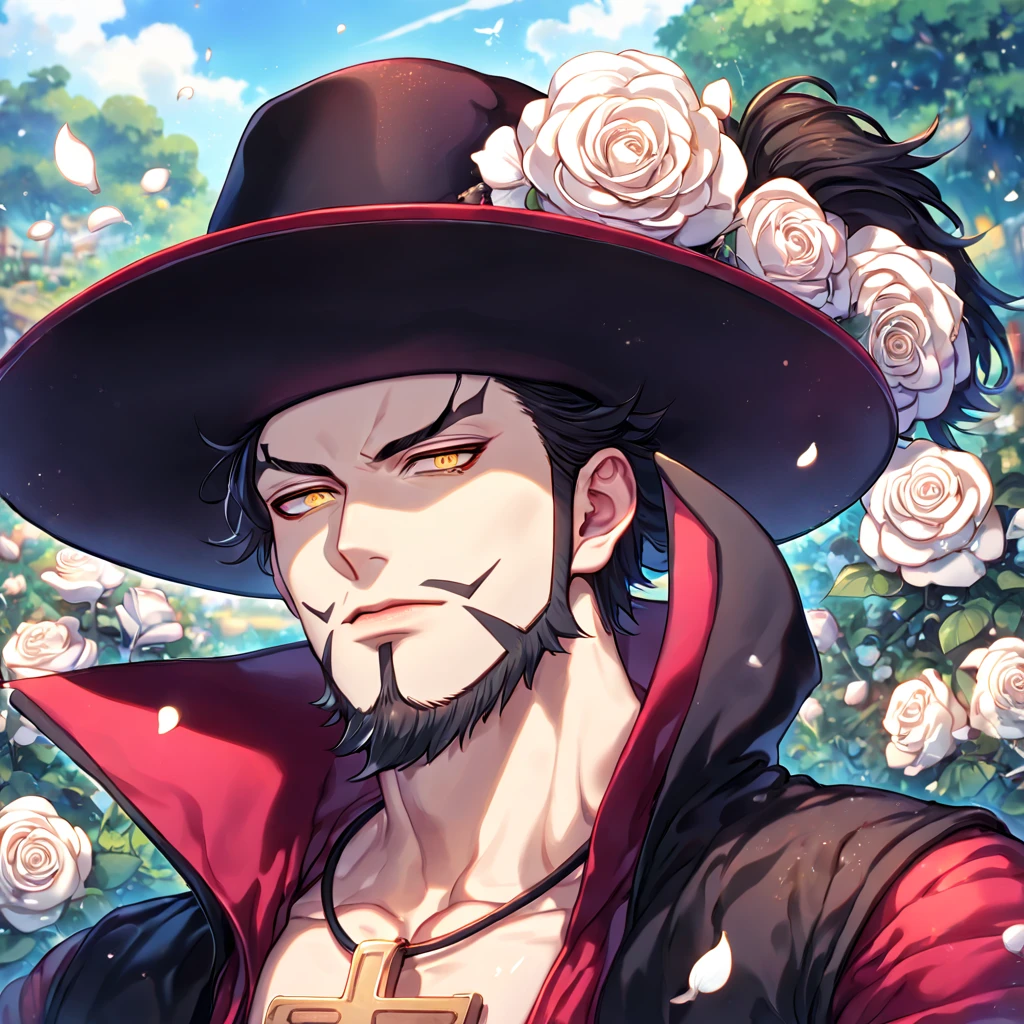 absurdres, highres, ultra detailed, HDR, master piece, best quality, extremely detailed, Dracule Mihawk, black hair, expressive red eyes, One Piece, solo, sexy man, handsome, wide-brimmed black hat decorated with a large plume, open black coat with a red velvet inside, without shirt, red flower-patterned sleeves, close up, cross necklace, solo, sexy man, handsome, cross, red butterflies, petals, magical, red roses, fantasy, red water, starry sky