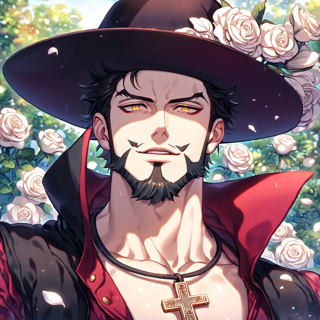 Ultra detailed, Highres, absurdres, HDR, master piece, best quality, Dracule Mihawk, black hair, expressive yellow eyes, beard, black coat with red sleeves, One Piece, sexy man, white petals, white roses, garden, handsome, sensual, crucifix pendant, wide-brimmed black hat, close up, fantasy, magical, island