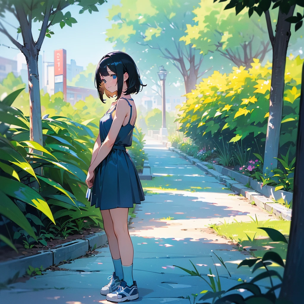 (high quality, High resolution, Very detailed, reality:1.37), Peaceful atmosphere, (Outdoor, garden), Teenage girl standing alone, (my breasts are big.), Beautiful details, Cute Smile, (Black bob hair), camisole, Blue Skirt, Blue socks, sneakers.