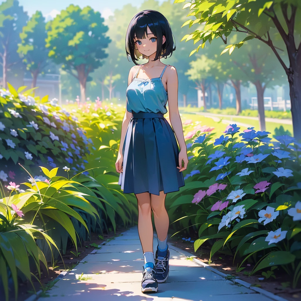 (high quality, High resolution, Very detailed, reality:1.37), Peaceful atmosphere, (Outdoor, garden), Teenage girl standing alone, (my breasts are big.), Beautiful details, Cute Smile, (Black bob hair), camisole, Blue Skirt, Blue socks, sneakers.