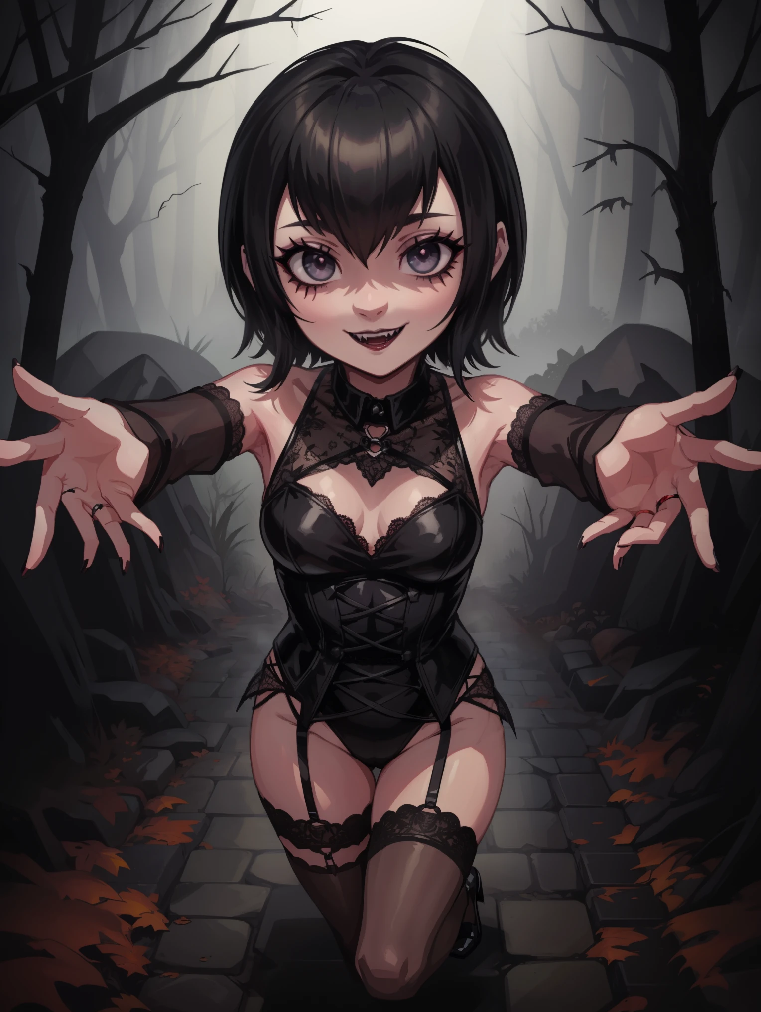 Mavis, Mavis Dracula, 1 girl, full body, long legs, black lipstick, black eyeliner, gothic, dark autumn woods, gothic forest, in woods, overgrown forest, ddstyle, masterpiece, detailed background, highly detailed, intricate, detailed face, long eyelashes, short black hair, detailed eyes, cute, sexy, punky, gothy, very small breasts, smile, beautiful, cute, revealing dark open lace lingerie outfit, vampire sexy, vampire fangs, pinup pose, sultry, ((arms outstretched above head))