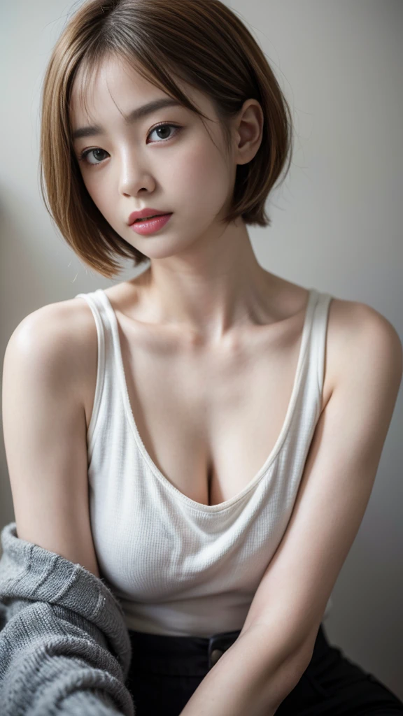 (Highest quality、high resolution、masterpiece、8k、High resolution:1.2)、whole body、RAW Photos、Very detailed、Realistic photos、Realistic skin texture、One beautiful woman、19-year-old Japanese woman、Blonde、Short Hair、White cut and sew、Black Pants、Detailed face and eyes、Look this way、Direct your gaze this way、looking at the camera