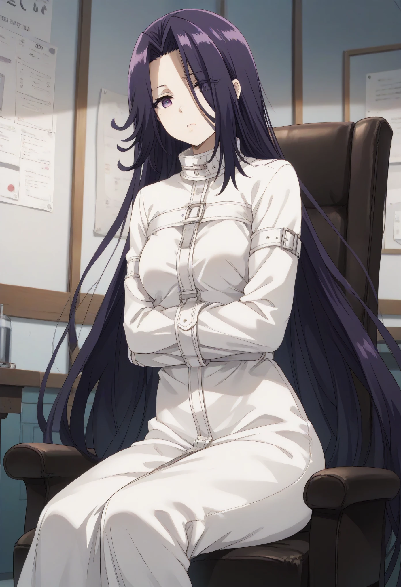 aurora,tall woman, long hair, purple hair, very long hair, purple eyes,navel,midriff,(((white Latexstraitjacket))),in the white room,sitting on the chair
