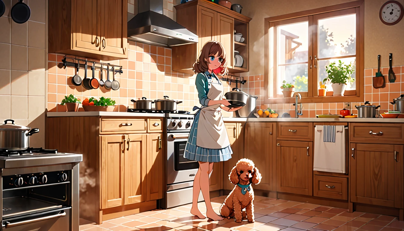 a girl cooking in a kitchen, (a toy poodle at her feet:1.2),beautiful detailed eyes,beautiful detailed lips,extremely detailed eyes and face,longeyelashes,steam rising from a pot,pots and pans on the stove,wooden kitchen cabinets,tiled backsplash,warm lighting,interior room,animetic,highly detailed,vibrant colors,natural lighting,animetic,8k