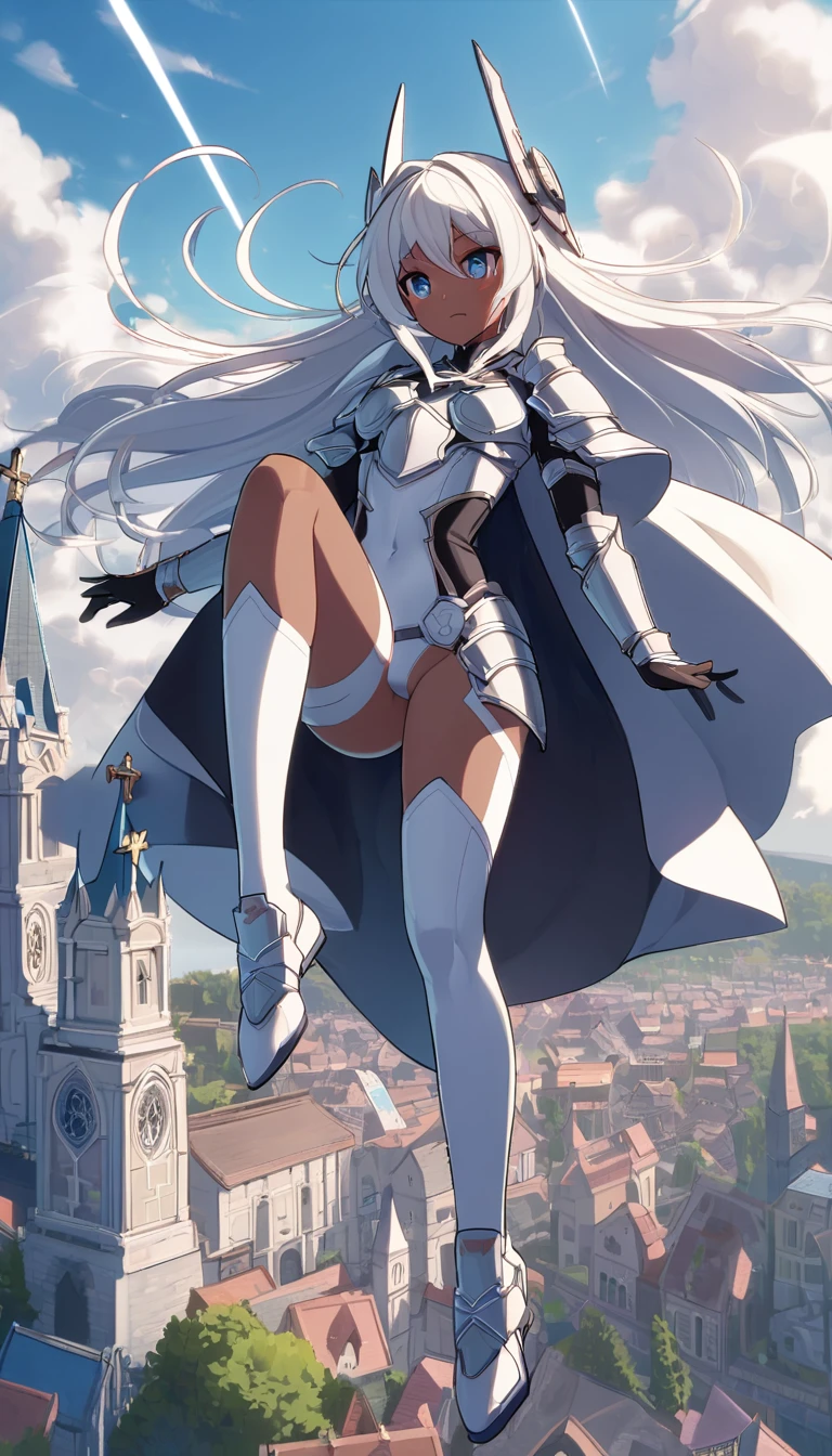 Fantasy, 1angel_女of子, low_, Silver_Moderate_hair,length_前hair, (dark_skin)+, just_shoulder, Belly button, Knee socks,Silver_光沢ofある_armor, white_cloofs,Waist_armor, church, all_光沢ofある_sword, Moderate_chest, dynamic_Pause_Finding,floating, (1pair_white_wing,pelvis_curtain)++, headgear ,city_null_background,,Slightly_Spread the word_feet, multiple_光沢ofある_sword_floating_そof周り_of_女of子