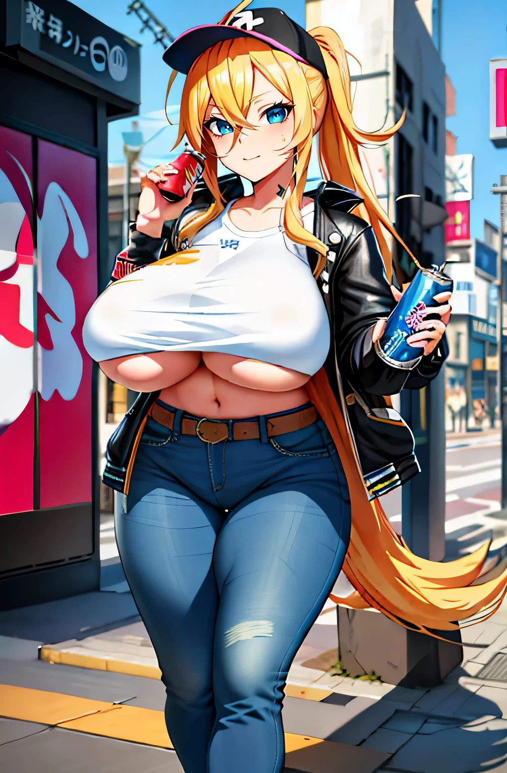 1girl,  (((bimbo))),hoop earrings, puffy lips, painted lips, thick lips. 
blonde hair, short twintails, wide hips, thick thighs, perky breasts, bursting breasts, Nightlife, Night city, Cyberpunk city, futuristic cityscape. Neon lights, (skyscraper:1.1), Tokyo tower, palm tree, cloth sign, ramen stall, night club. bright city lights, exotic car. alcohol, bar, ramen, soup stall ,alcohol bottles, stomach blush, nipple slip, rounded stomach, pubic tattoo, word underbelly tattoo, cameltoe, gym shorts, sexy dolphin shorts, low hanging shorts, slutty yellow open jacket, white liquid running down between thighs, no panties, white liquid in between thighs