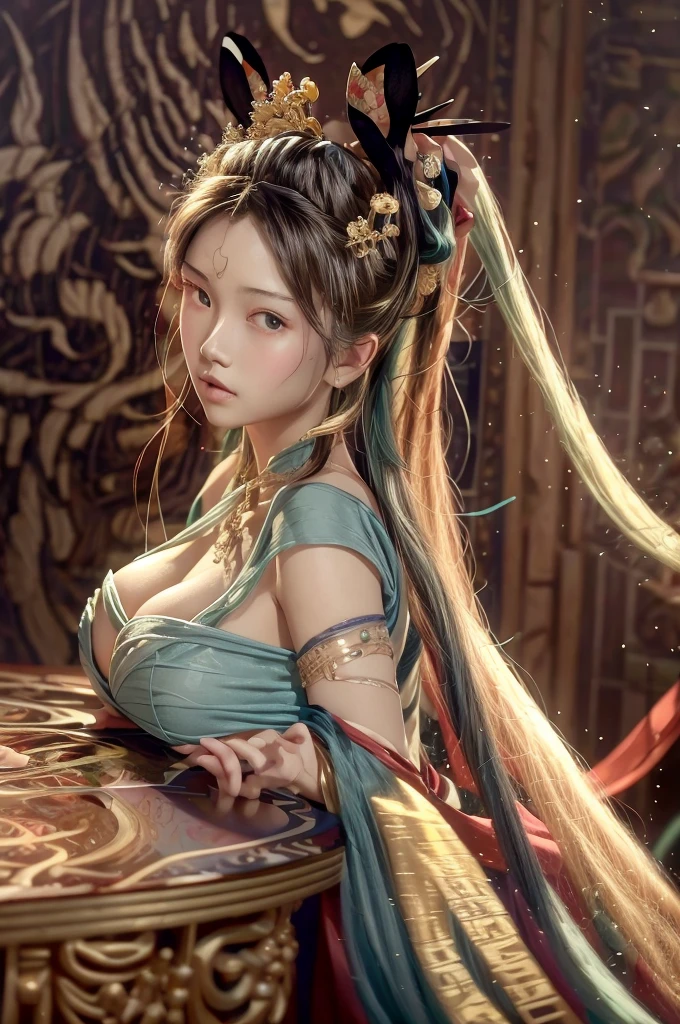 (RAW photo, best quality), (realistic, photo-realistic:1.3),best quality,highly detailed,masterpiece,ultra-detailed,illustration,1girl,upper_body,dynamic angle,world masterpiece theater,messy_long_hair,best quality,extremely detailed CG unity 8k wallpaper,ink,Amazing,cinematic lighting,lens_flare, dunhuang_style