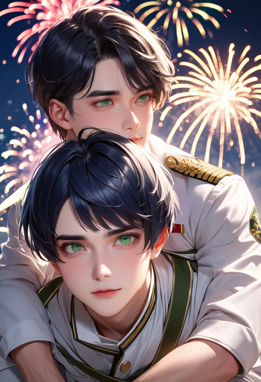 1 male Short dark blue hair and eyebrows Bangs that expose the left forehead Deep green eyes White military uniform firework