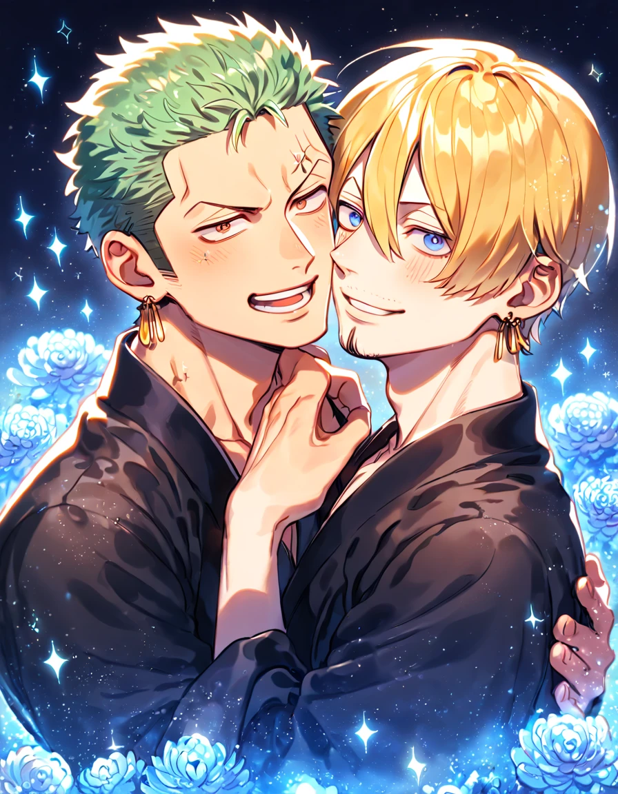 absurdres, highres, ultra detailed, HDR, master piece, best quality, extremely detailed, Roronoa Zoro, green hair, expressive brown eyes, One Piece, Sanji, blonde hair, expressive blue eyes, two sexy men together, yaoi, gay couple, handsome, handsome smile, black suit, black kimono, water, sparkling, blue glittering fireflies, blue moon, blue blossoms, blue chrysanthemums, blue sparkling lights, starry sky