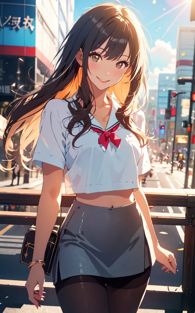 Front facing, facing this way、
A more beautiful smile、
More cute casual summer outfits、Cute mini skirt、
More beautiful thighore beautiful colorful pantyhose、
Beautiful dark clouds, (Cowboy Shot:1.4), Beautiful and realistic,
Beautiful masterpiece, Beautiful and top quality, Beautiful backlight, (Lens flare:1.1), (bloom:1.1), (chromatic aberration:1.1)
Shibuya Center Street High Resolution, masterpiece, Highest quality, Sparkle Effect,