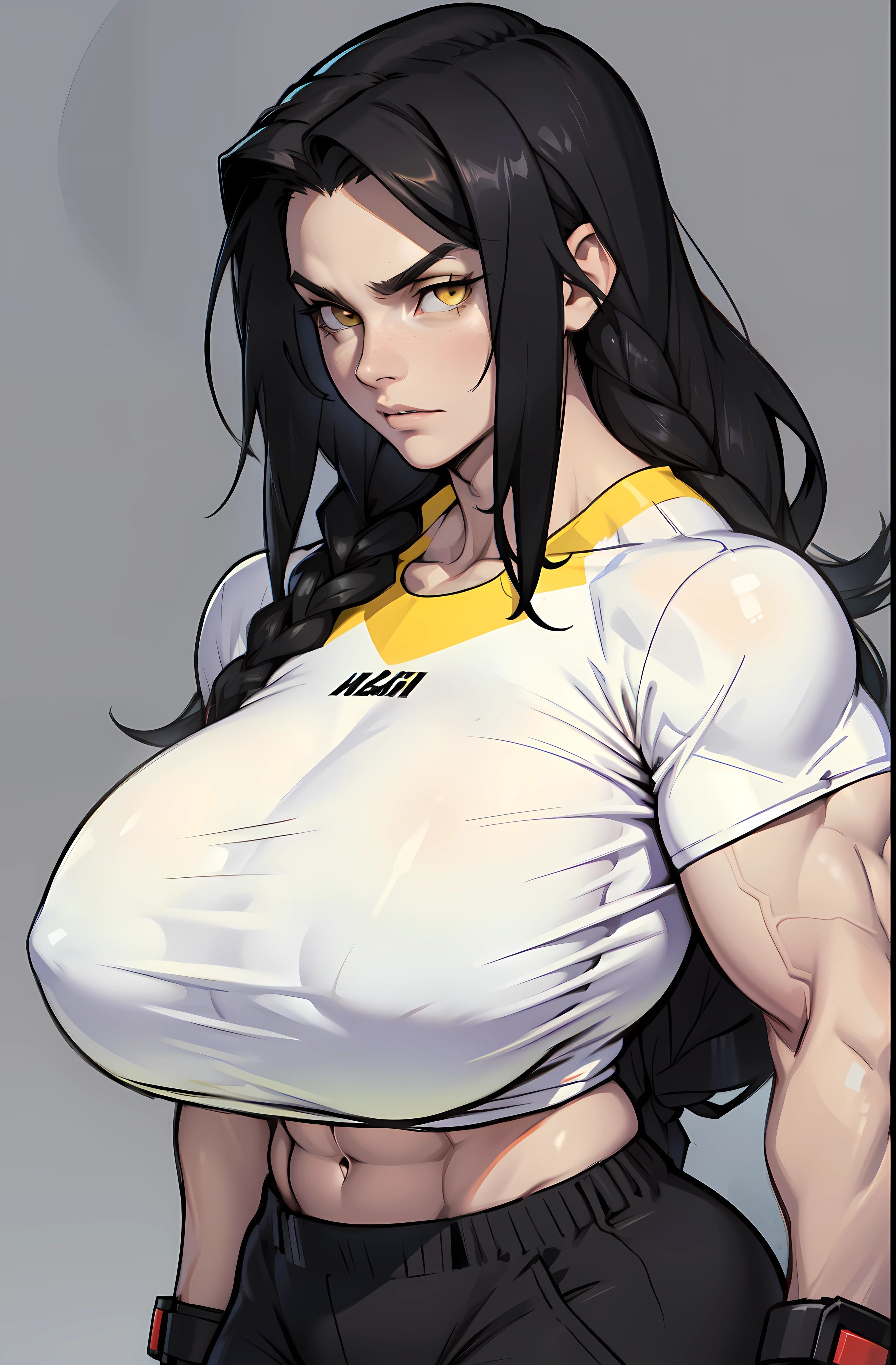 ((1 girl)), extremely long hair, solo, ((muscular)), veins, black hair, yellow eyes, pale skin, strong, veins, abs, (huge breasts), sulking tight shirt, (huge breasts) (huge breasts)